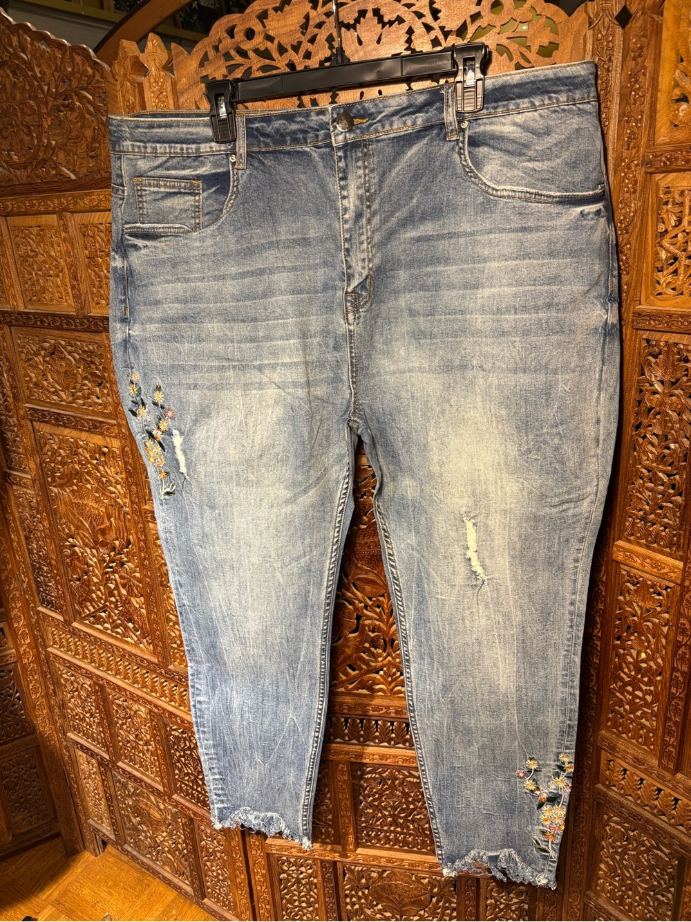 K Jordan Light Blue Straight Leg Jeans with Floral Embroidery